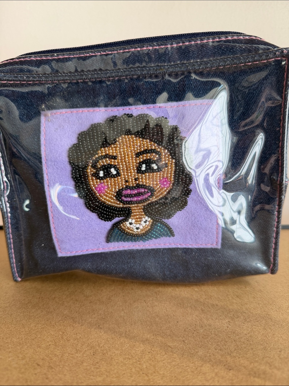 Beaded Face Accent Navy Cosmetic Pouch - Purple Panel
